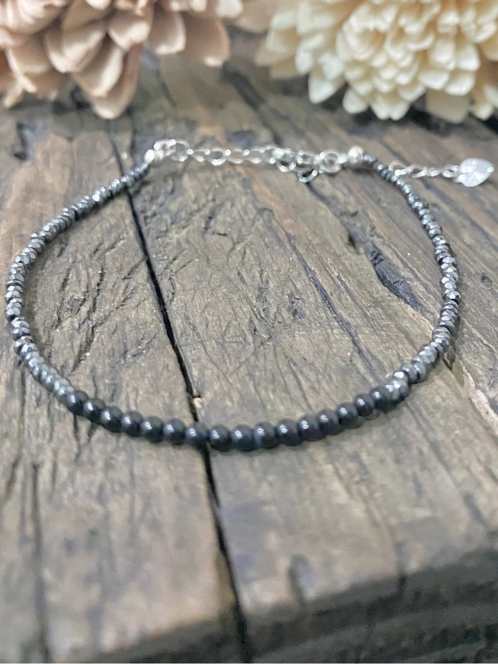 Dainty Chain Bracelet, Tiny Hematite & Onyx beads, 18k Gold Filled Chain