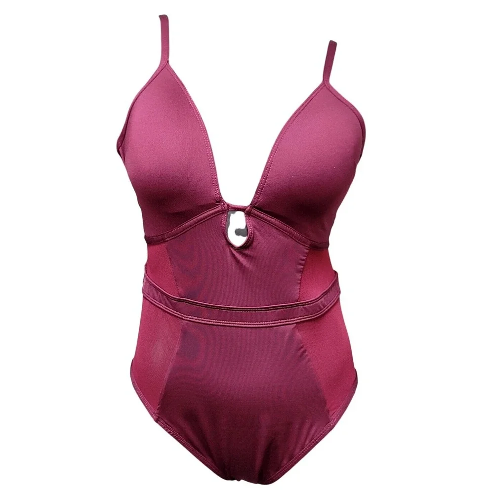 Kenneth Cole New York Burgundy Mesh‎ Panel One Piece Swimsuit VNeck Cutout Back