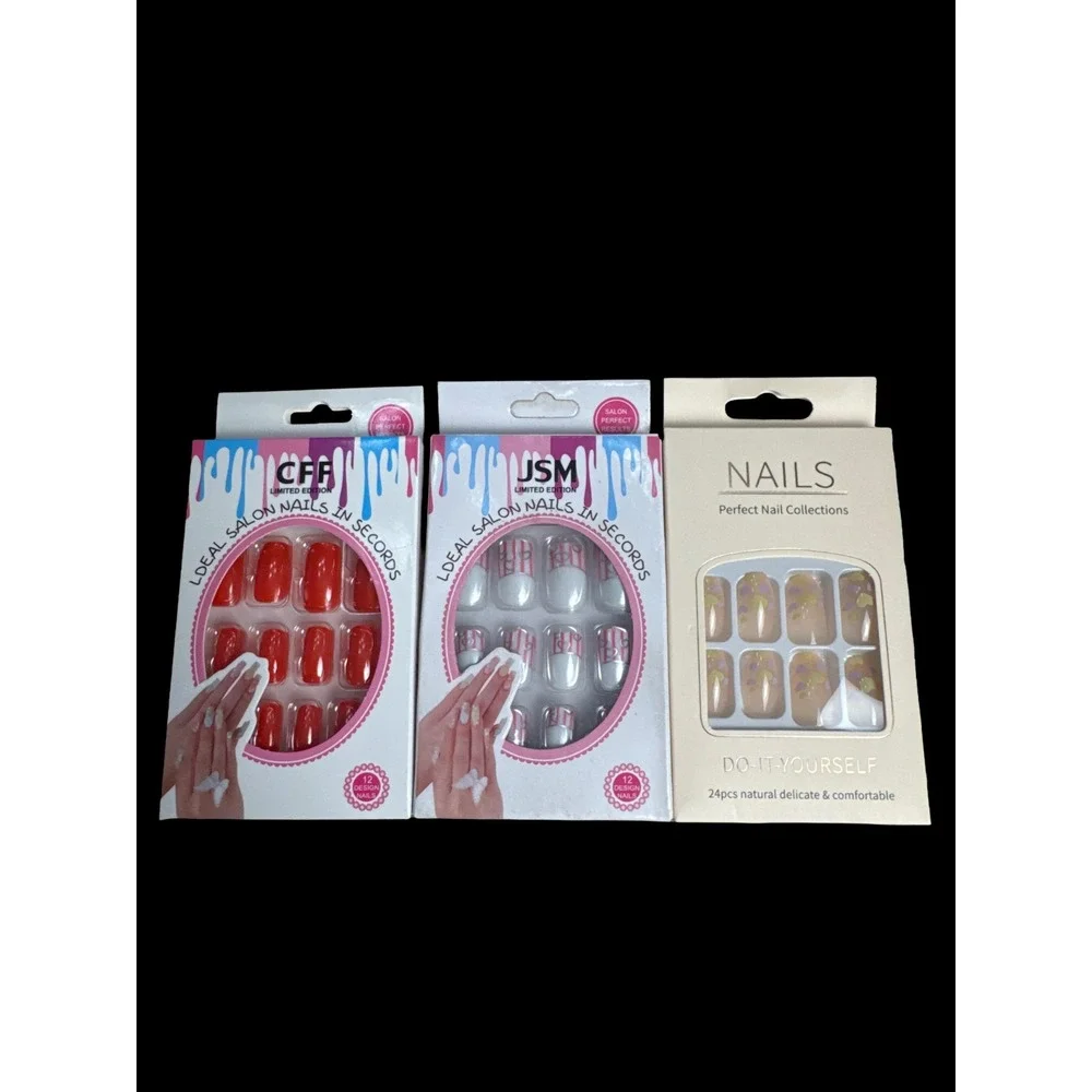 Press On False Nails Bundle Lot of 3 Glossy Floral French‎ Tip New Manicure Chic