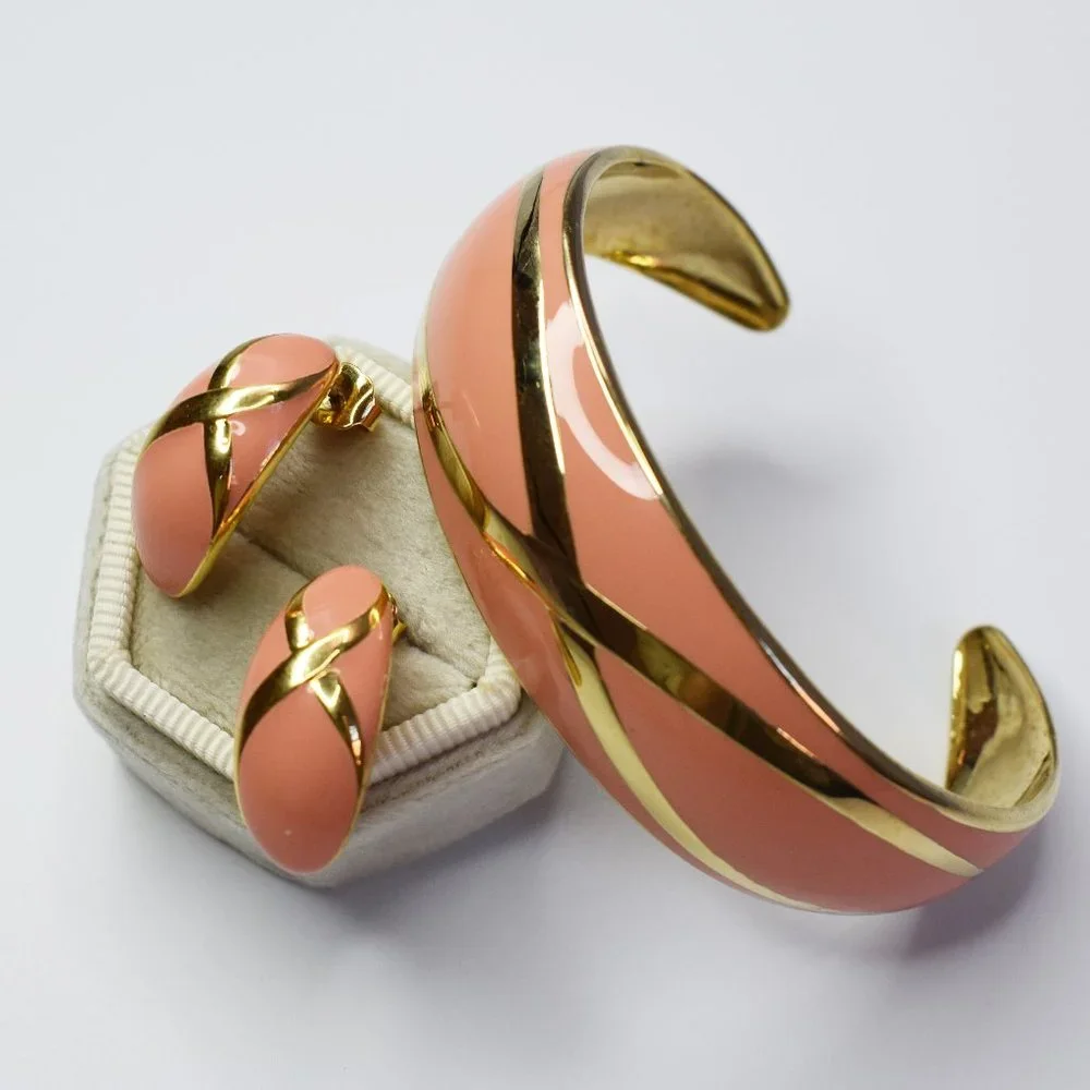 Blush orange enamel stud earrings, cuff bangle bracelet, gold summer jewelry set