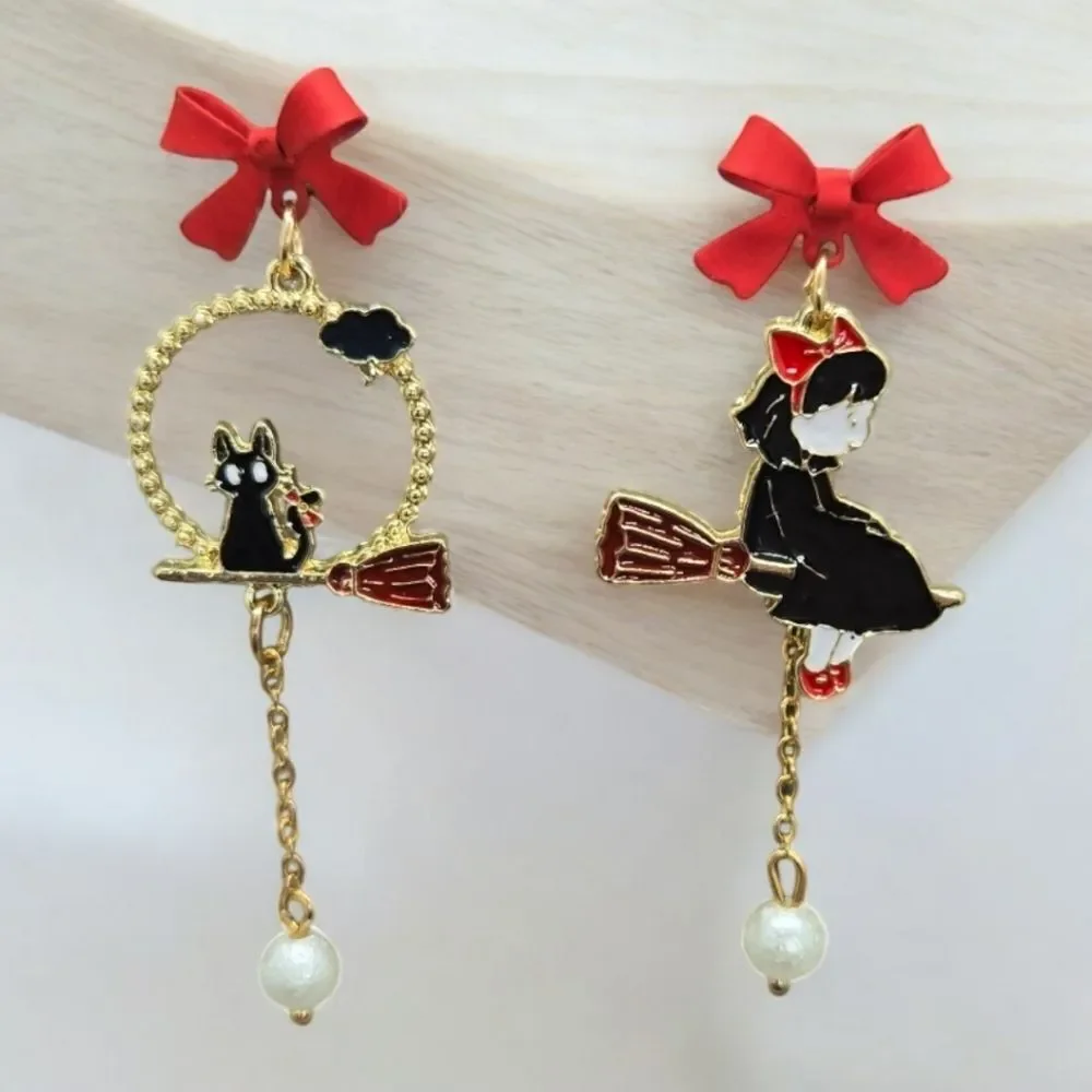 Kiki’s Delivery Service Cute Pearl Earrings Jiji Black Cat Witch Broom Red Bows