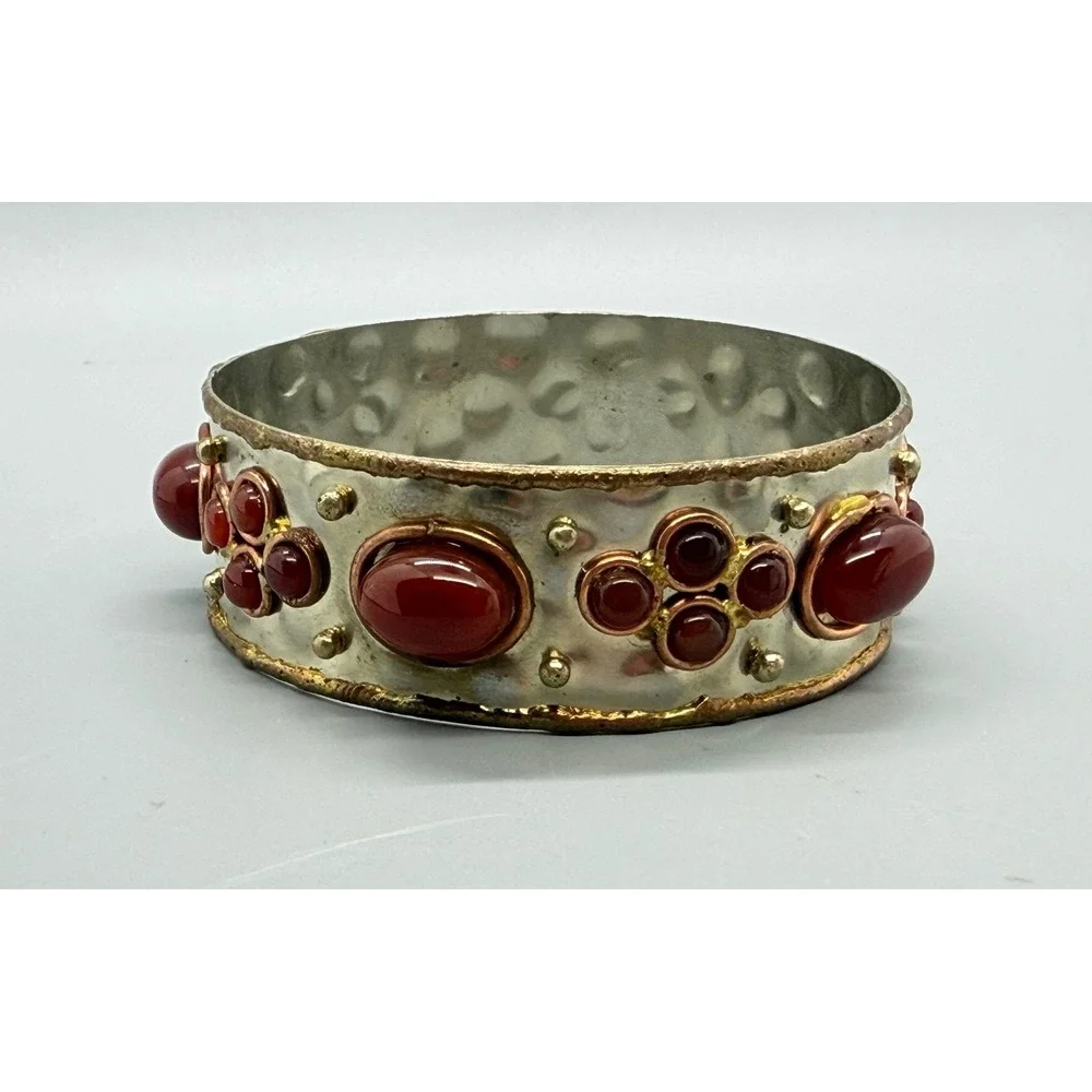 Vintage Boho red Cabochon Studded Bangle Bracelet Hammered Silver Tone Statement