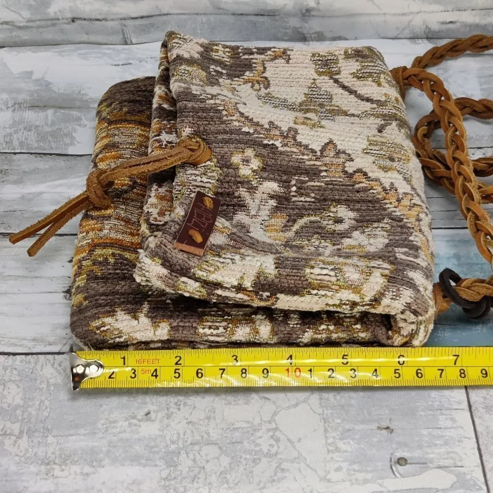 Small boho Crossbody Vintage Fold Over Bag Damask Fabric Braided Leather Strap