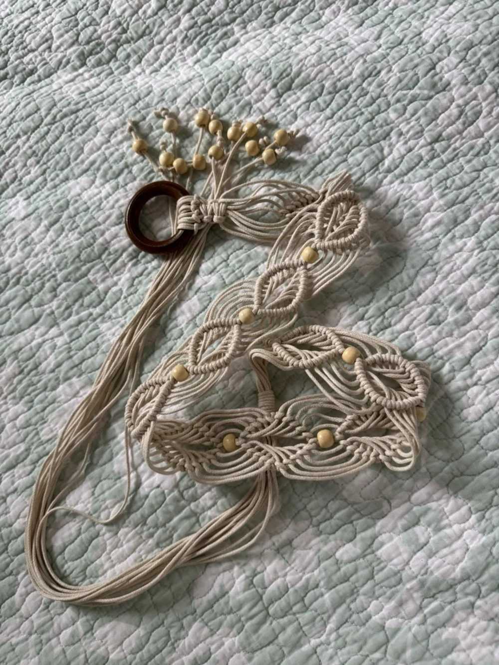 Boho Macrame Cream Waist Belt with Wooden Beads