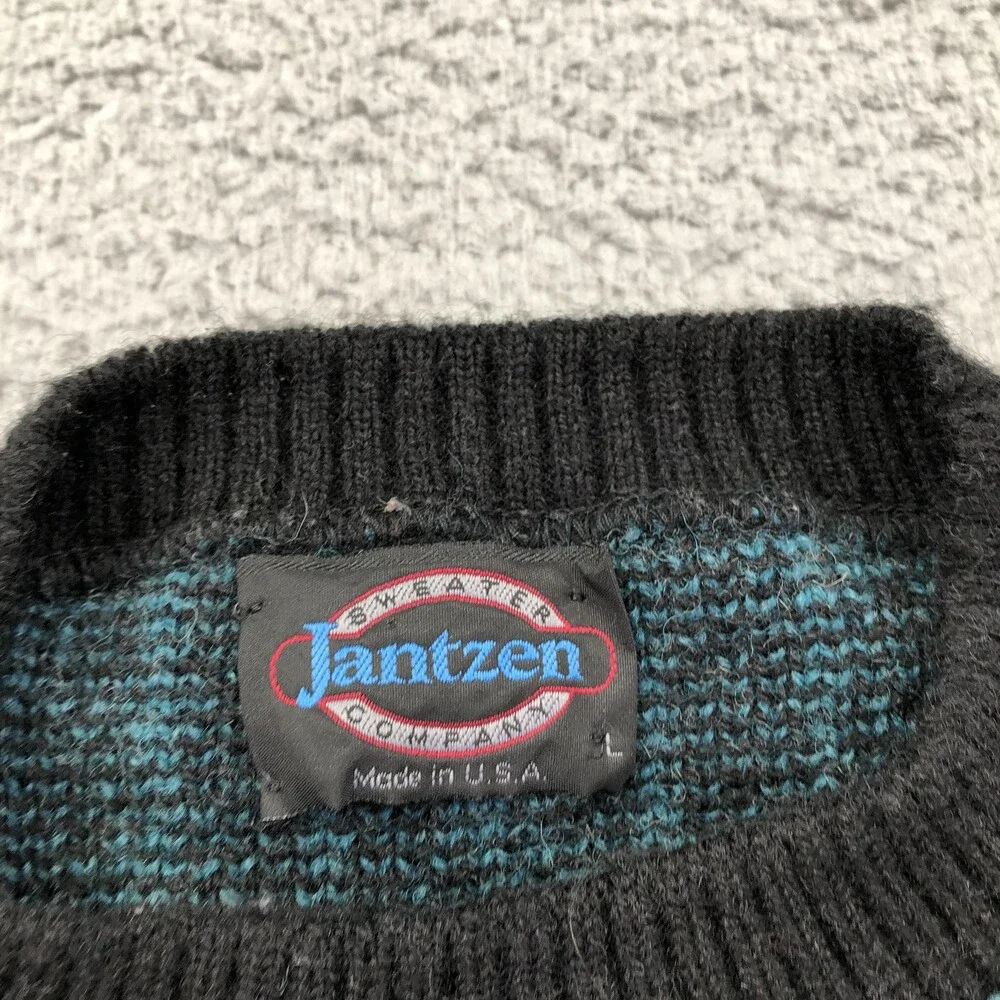 Vintage Jantzen Sweater Mens Large Black Geometric Knit Crewneck Pullover USA