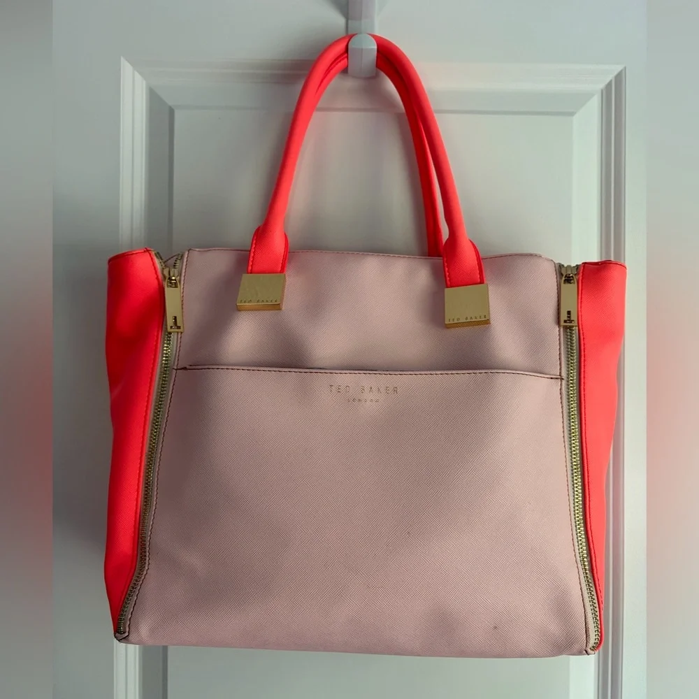 Ted Baker Pink and Neon Coral Saffiano Contrast Tote with Gold Hardware