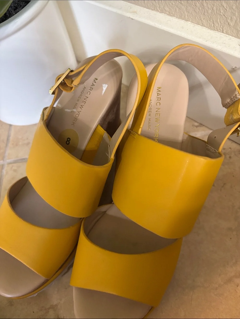 Marc New York Mustard Yellow Wide-Strap Wedge Sandals