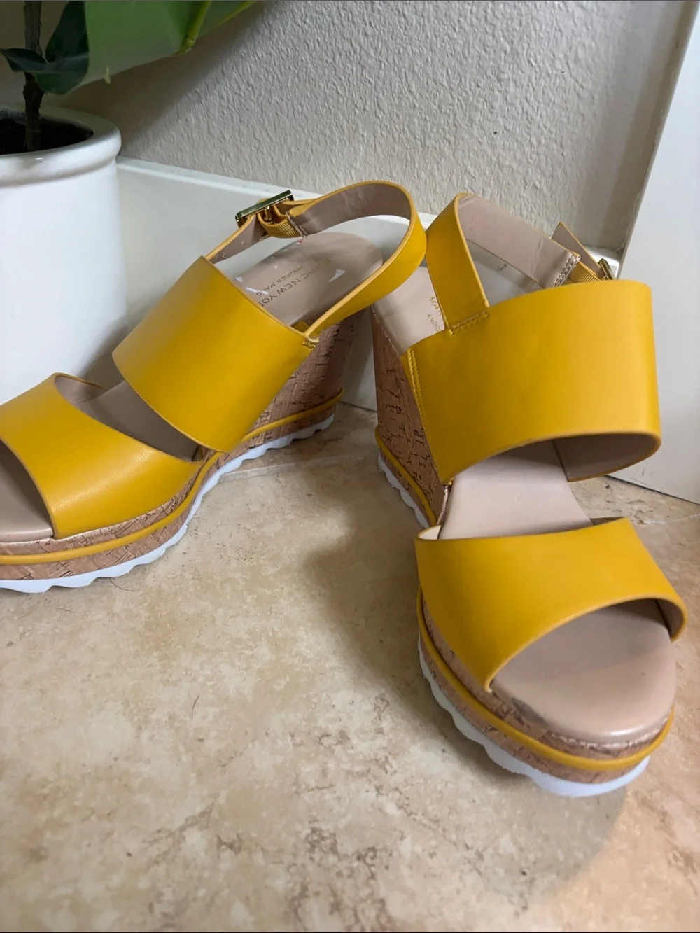 Marc New York Mustard Yellow Wide-Strap Wedge Sandals