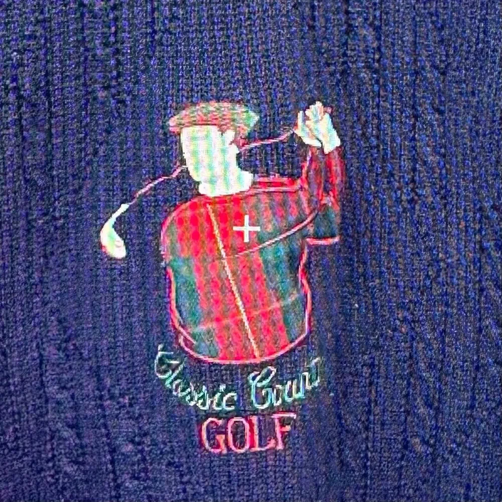 Vtg. Pringle Mens L Pullover Chunky Knit Sweater Embroidered Golf Graphic Blue
