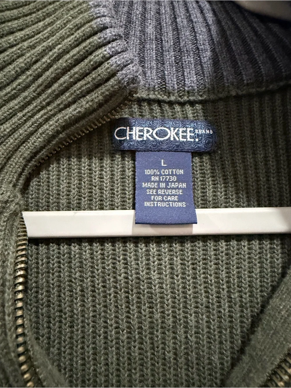 Cherokee Men’s Olive Green 100% Cotton Ribbed Quarter Zip Sweater Size Large