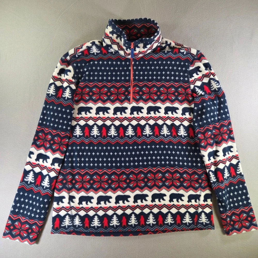 Chubbies Bearly Wild Quarter Zip Fleece Pullover Fair Isle Bear Navy Blue Red M