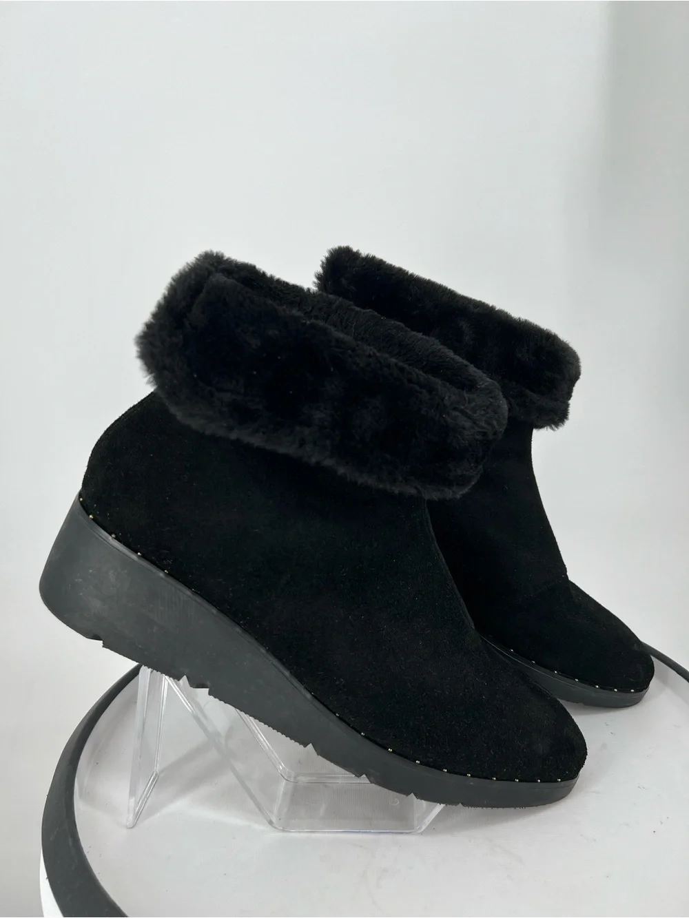 Steven Natural Comfort Bingo Black Suede Faux Fur Cuff Wedge‎ Booties