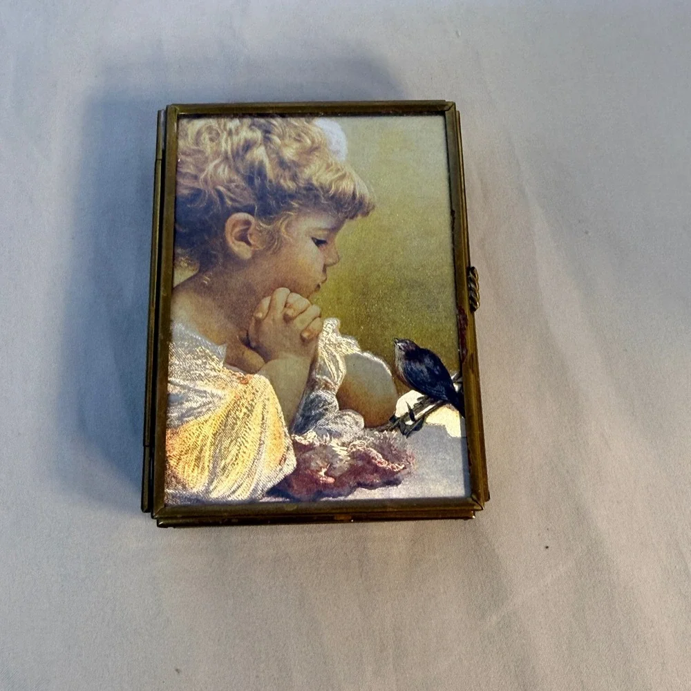 Vintage Enesco Brass Glass Trinket Box Praying Child Bird Lithograph Mexico