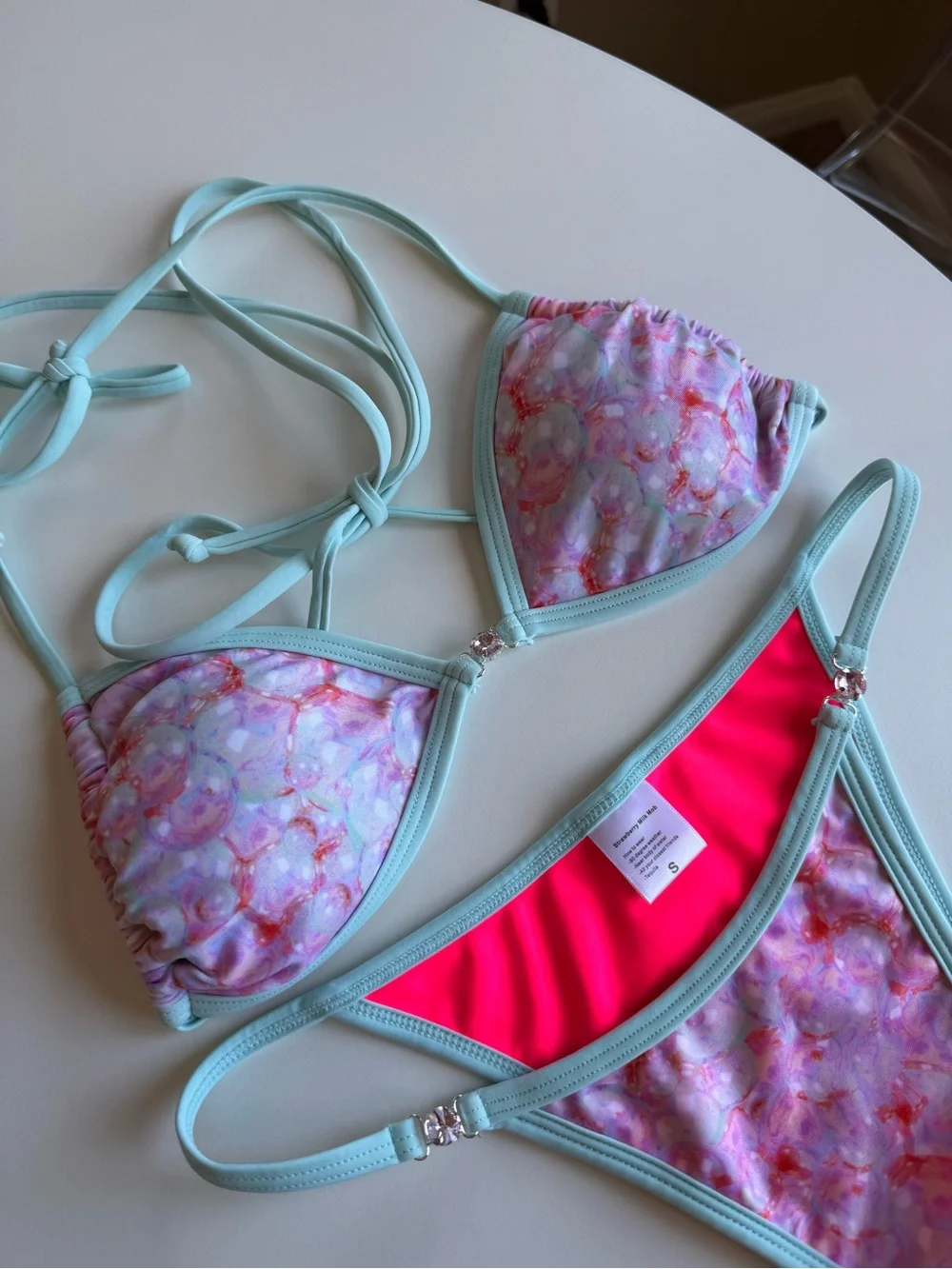 Strawberry Milk Mob Pink Floral Micro Bikini with Mint Trim