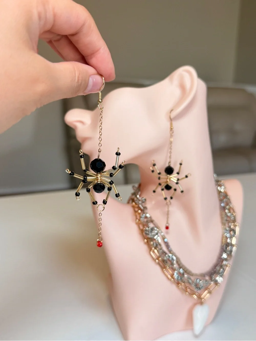 Gold and Black Beaded Spider Dangle Earrings