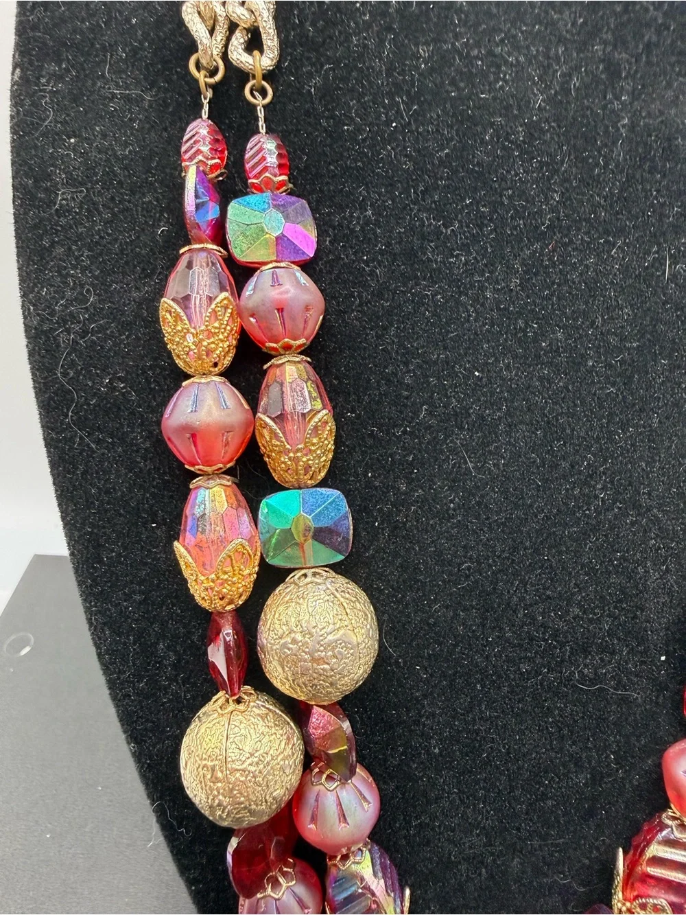 Vintage Signed Hobe Red Aurora Borealis Bead Necklace 18” + Extender