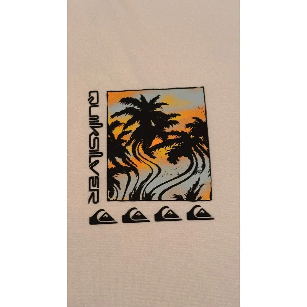 Quiksilver Mens White Short Sleeve Rash‎ Guard UPF 50+ Palm Graphic Swim Shirt L