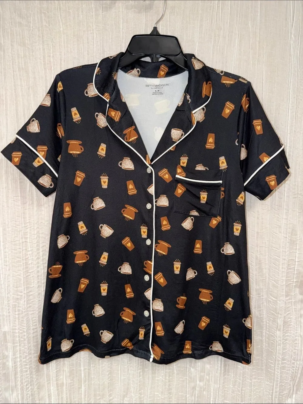 89th+MADISON Black White Brown Gold Coffee Notch Collar Short Sleeve PJ Set