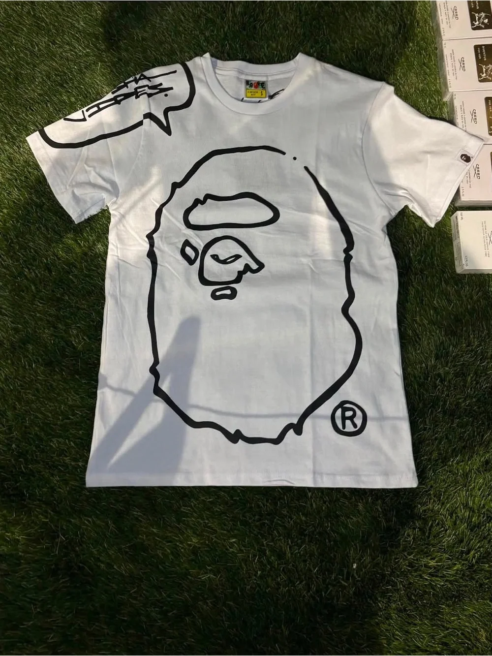 Bape White Tee with Black Ape Outline Graphic