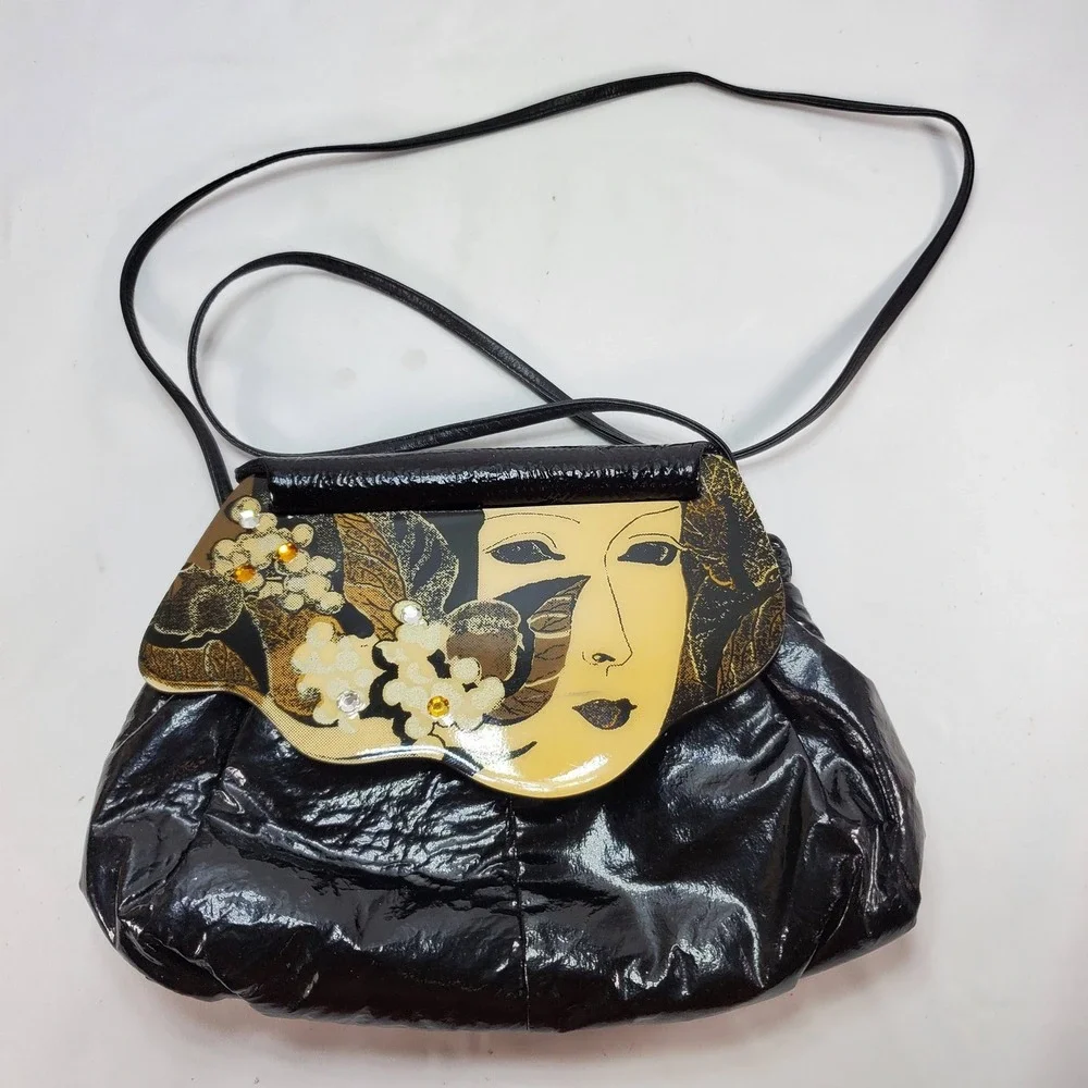 Moon Bags‎ Patricia Smith Crossbody Women Black Hand Painted Wood Flap VTG 80s
