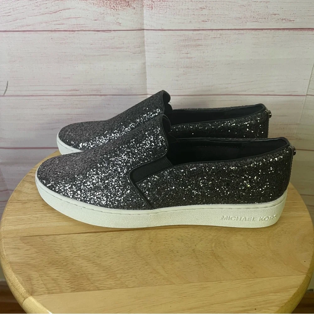 Michael Kors Keaton Black Silver Glitter Metallic Slip On Sneakers Size 7‎