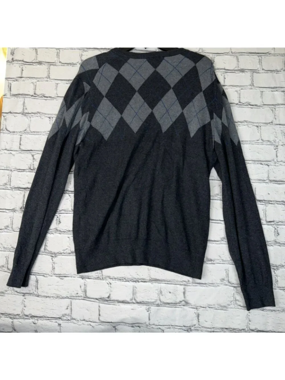GAP Blue Argyle Grey Knitted Sweater Men's Large Preppy Academia Long Sleeve Y2K