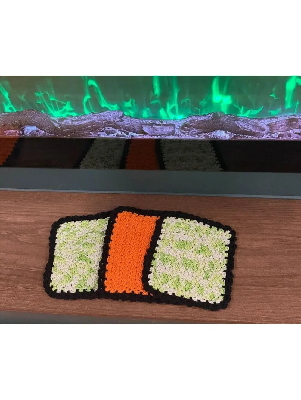 Halloween Crochet Washcloths Set of 3 Handmade 100% Cotton Orange Black Green8x8