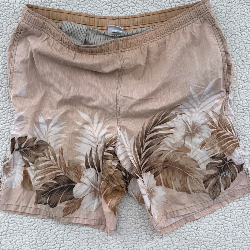 Speedo Mens Tropical Hibiscus Palm Print Swim Trunks Tan Brown Size‎ Medium