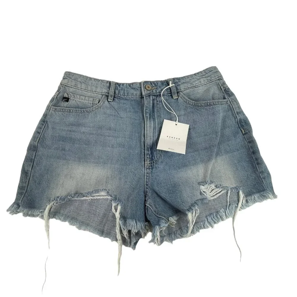 Kancan Cutoffs Jean Denim Shorts Sz 30 Womens Blue Raw‎ Hem High Rise
