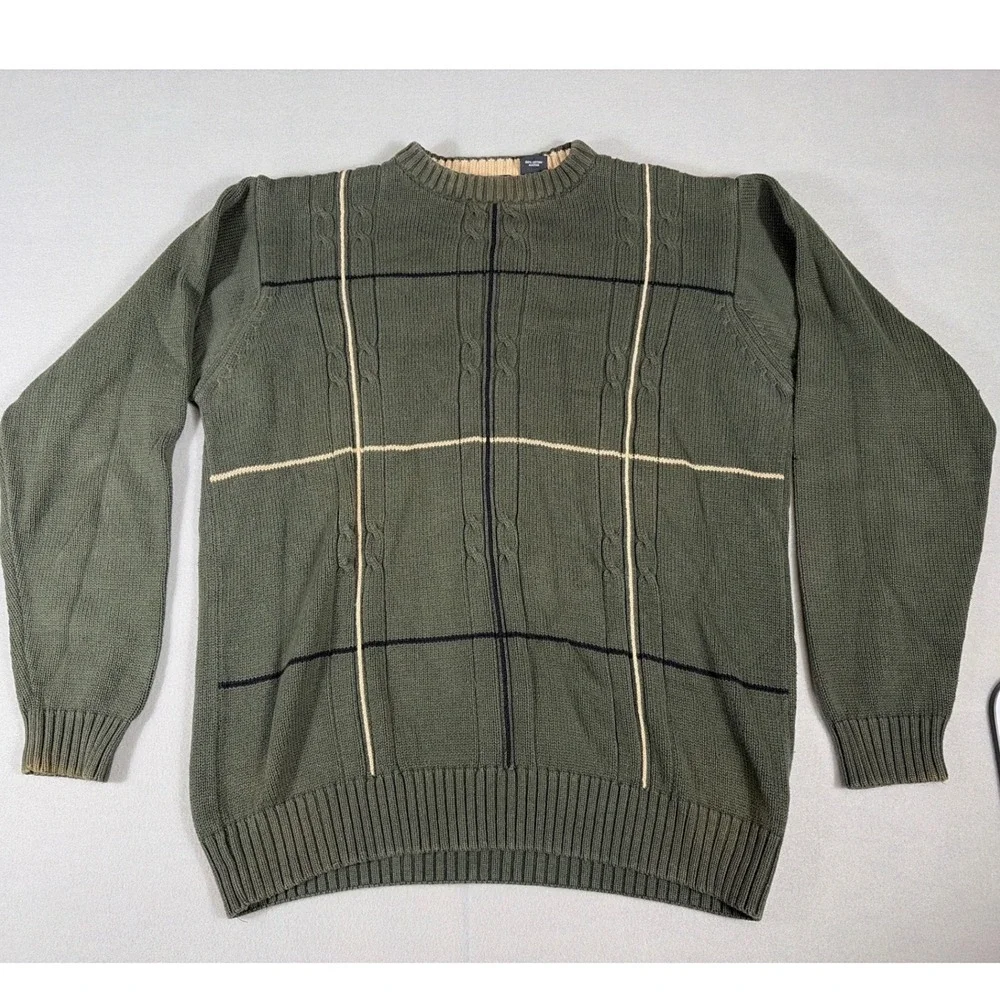 Grunge core Haggar Men Olive Green Cable Knit Cotton Crewneck Sweater Size Large