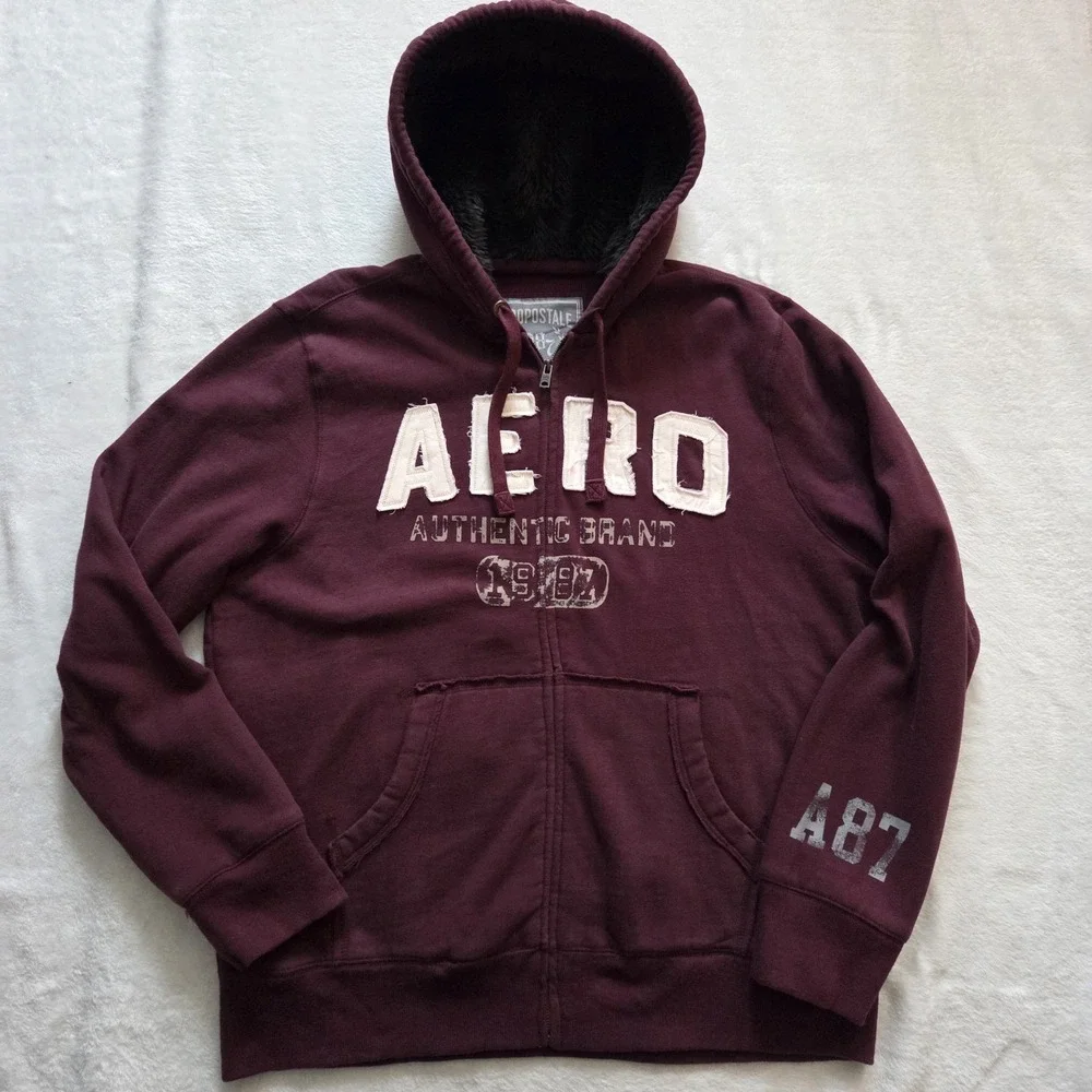 Vintage Aeropostale Hoodie XL Maroon Zip Up‎ Logo Y2K Varsity Style Sweatshirt