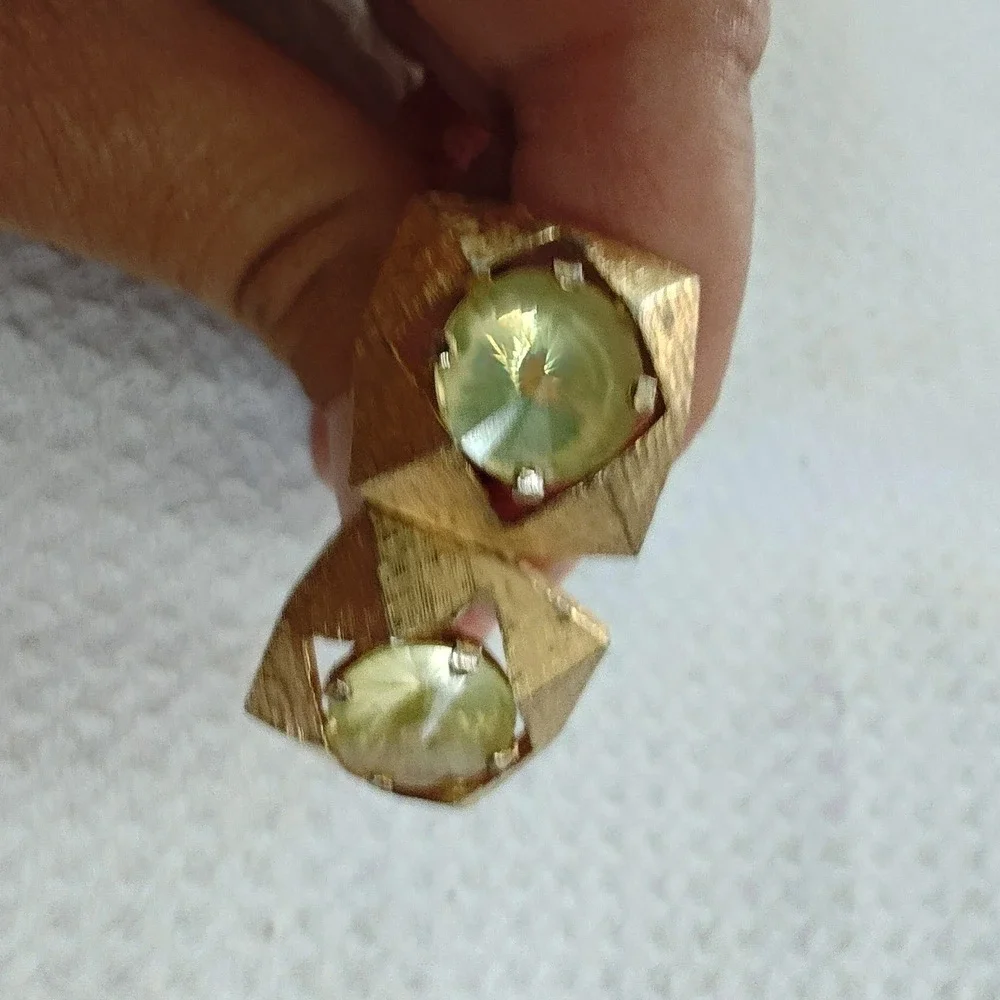 Cufflinks Gold Green‎ Geometric Textured Square Rhinestone Vintage Toggle Back
