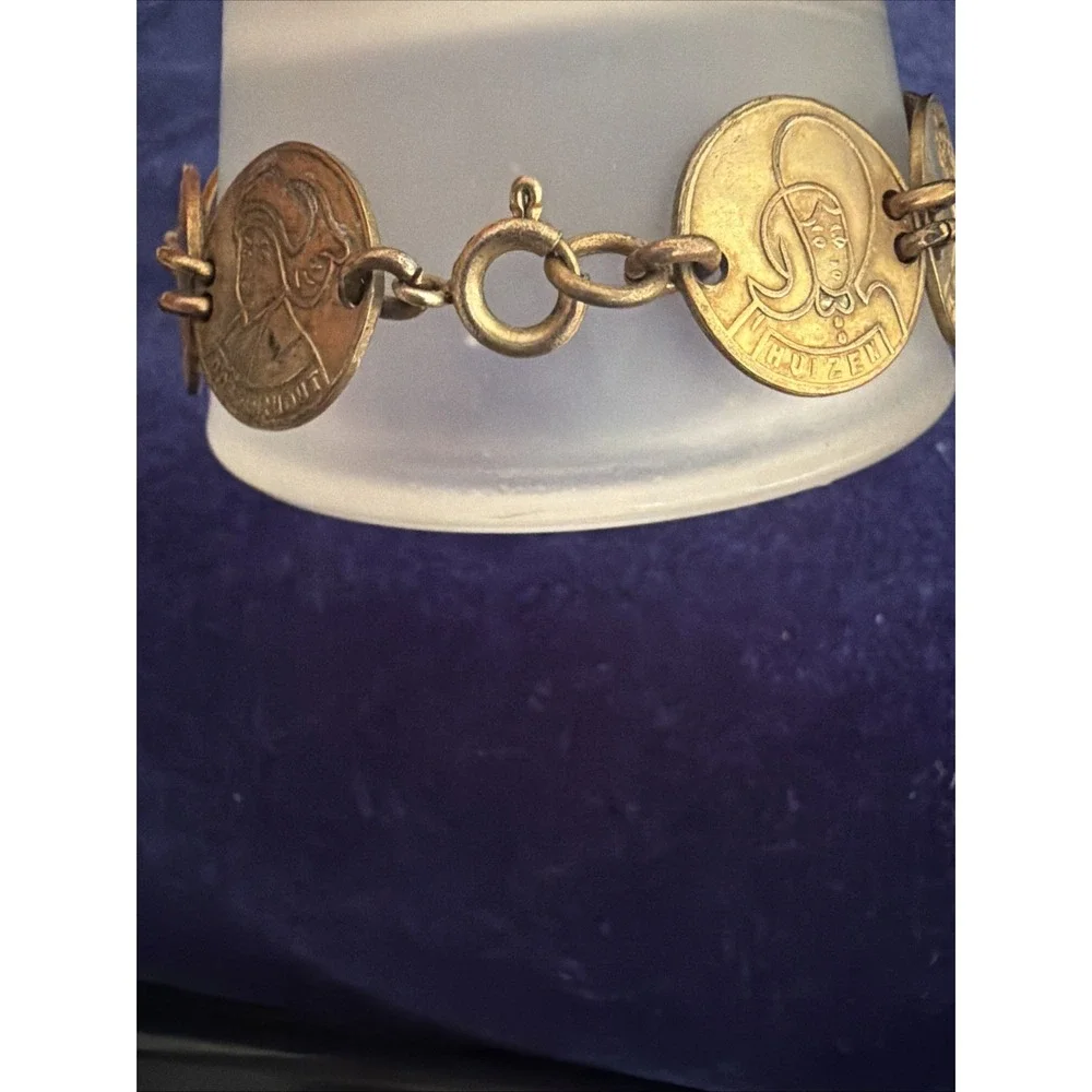 Vintage Dutch Folk Attire Coin Link  Bracelet Gold Tone Copper Friesland 7