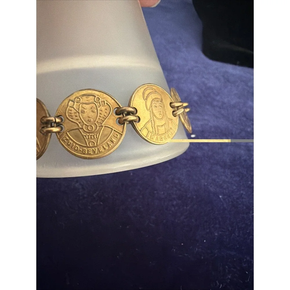 Vintage Dutch Folk Attire Coin Link  Bracelet Gold Tone Copper Friesland 7