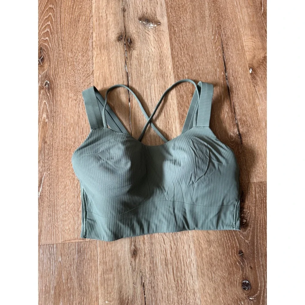 Lululemont Sage Green Ribbed Longline Cross Back Sports Bra 8‎