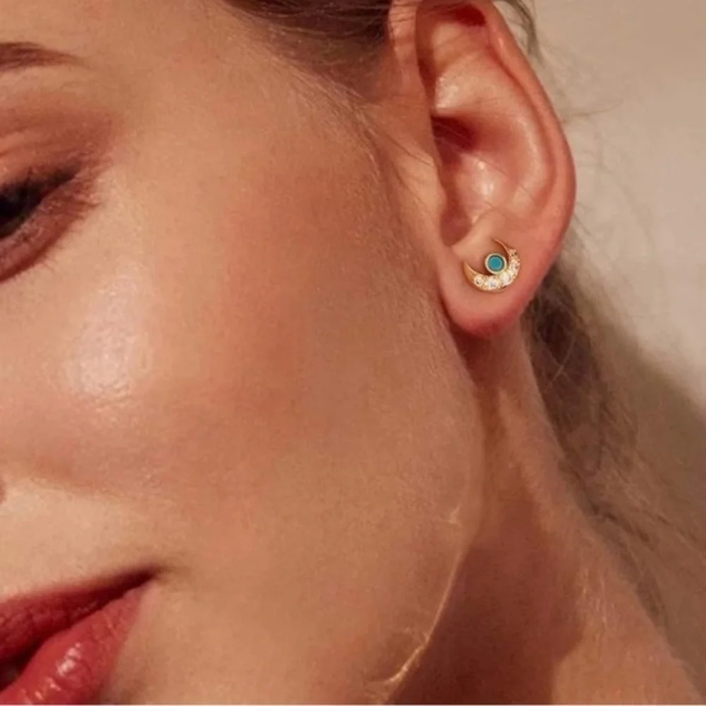 GOLD 14k Gold Plated Cubic Zirconia Turquoise Stud Earrings