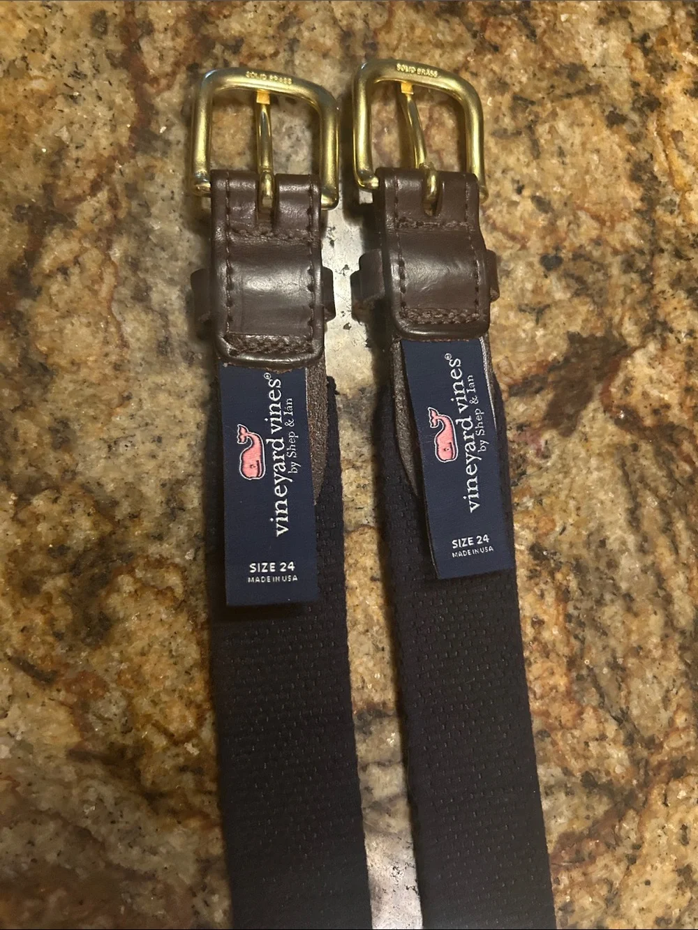 Vineyard Vines Brown Leather-Trim Navy Whale Patterned Belt