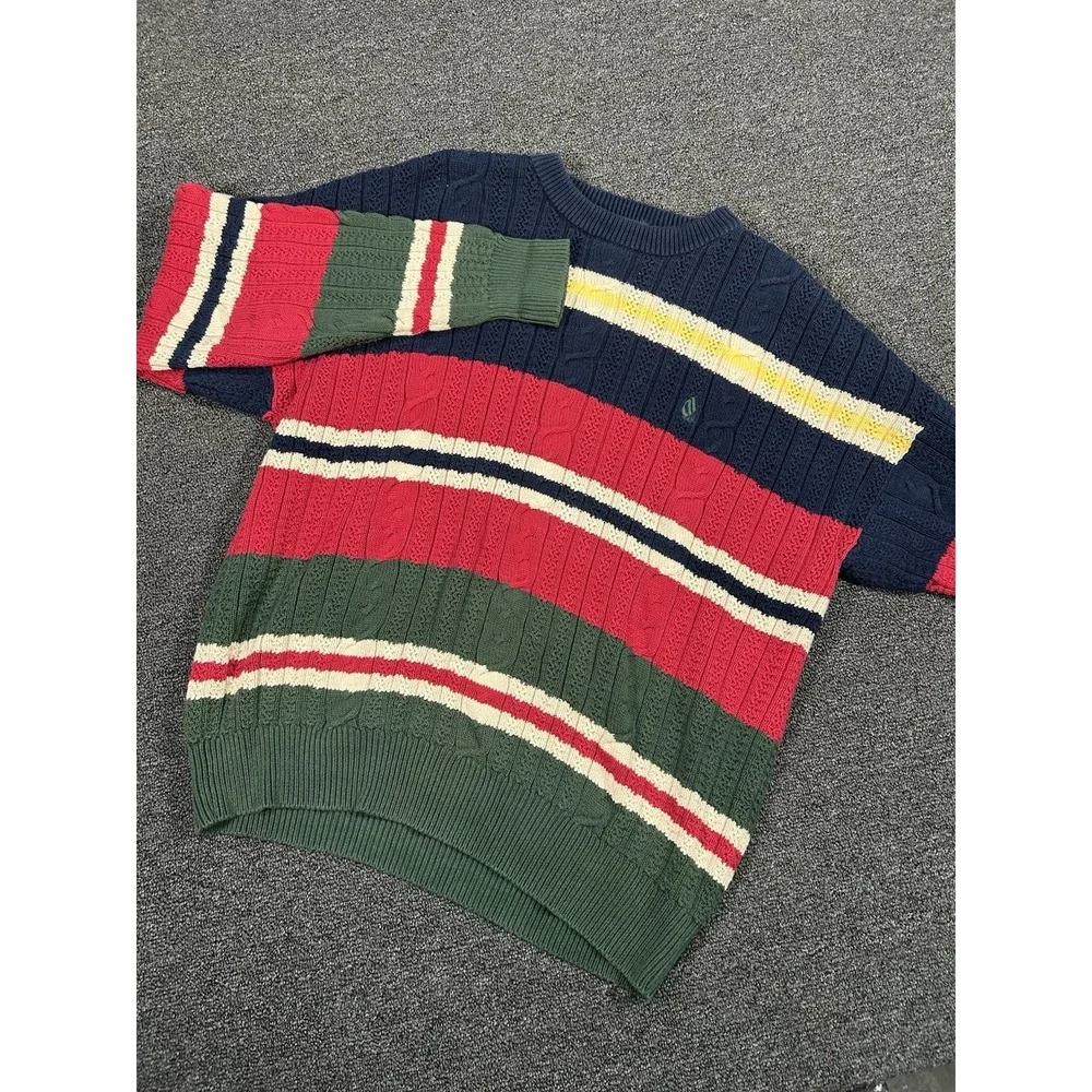 Vintage Nautica Sweater Men Large Cable Knit Rugby Striped‎ Fisherman Preppy Red