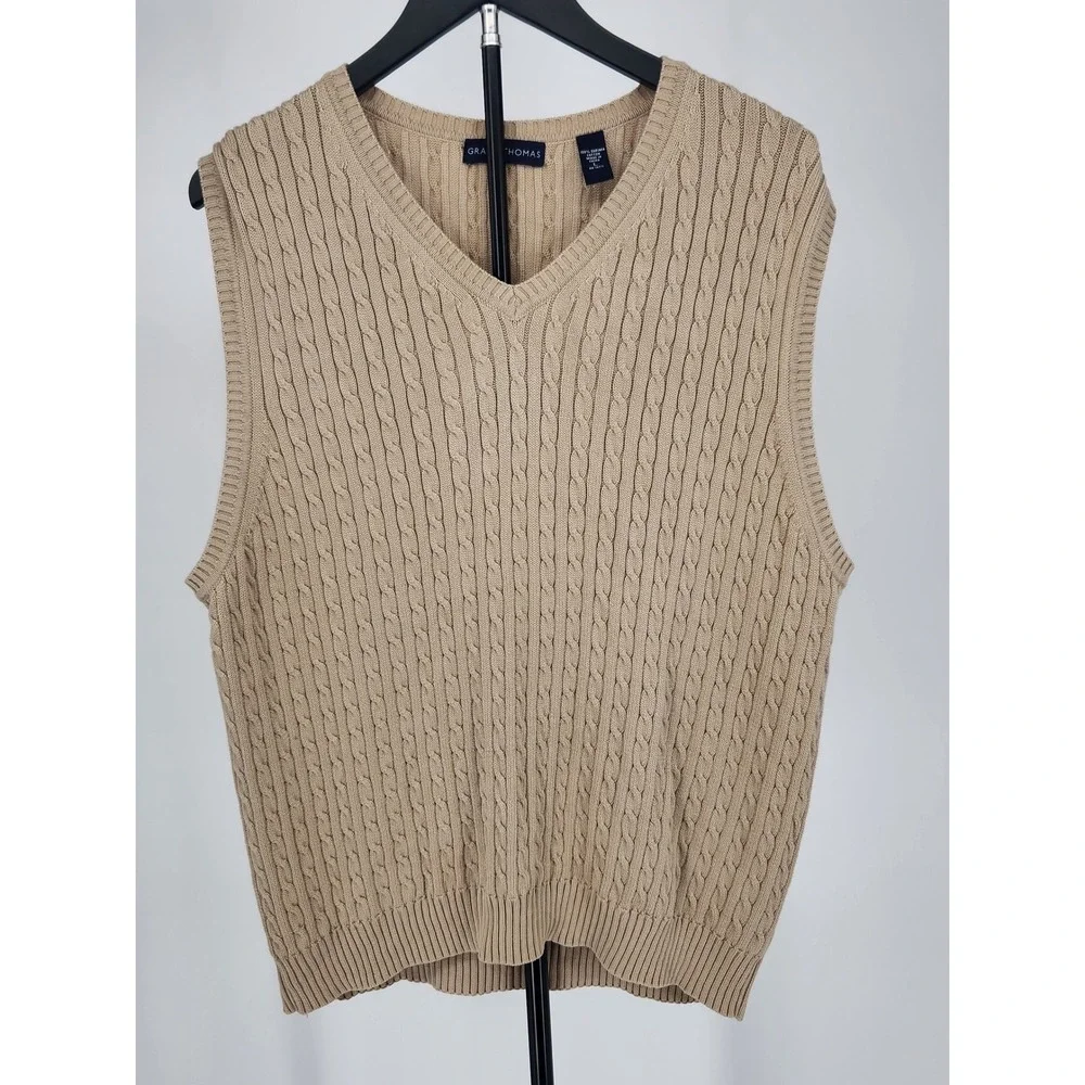 Grant Thomas Mens Tan Beige 100% Supima Cotton Cable Knit V-Neck‎ Sweater Vest L