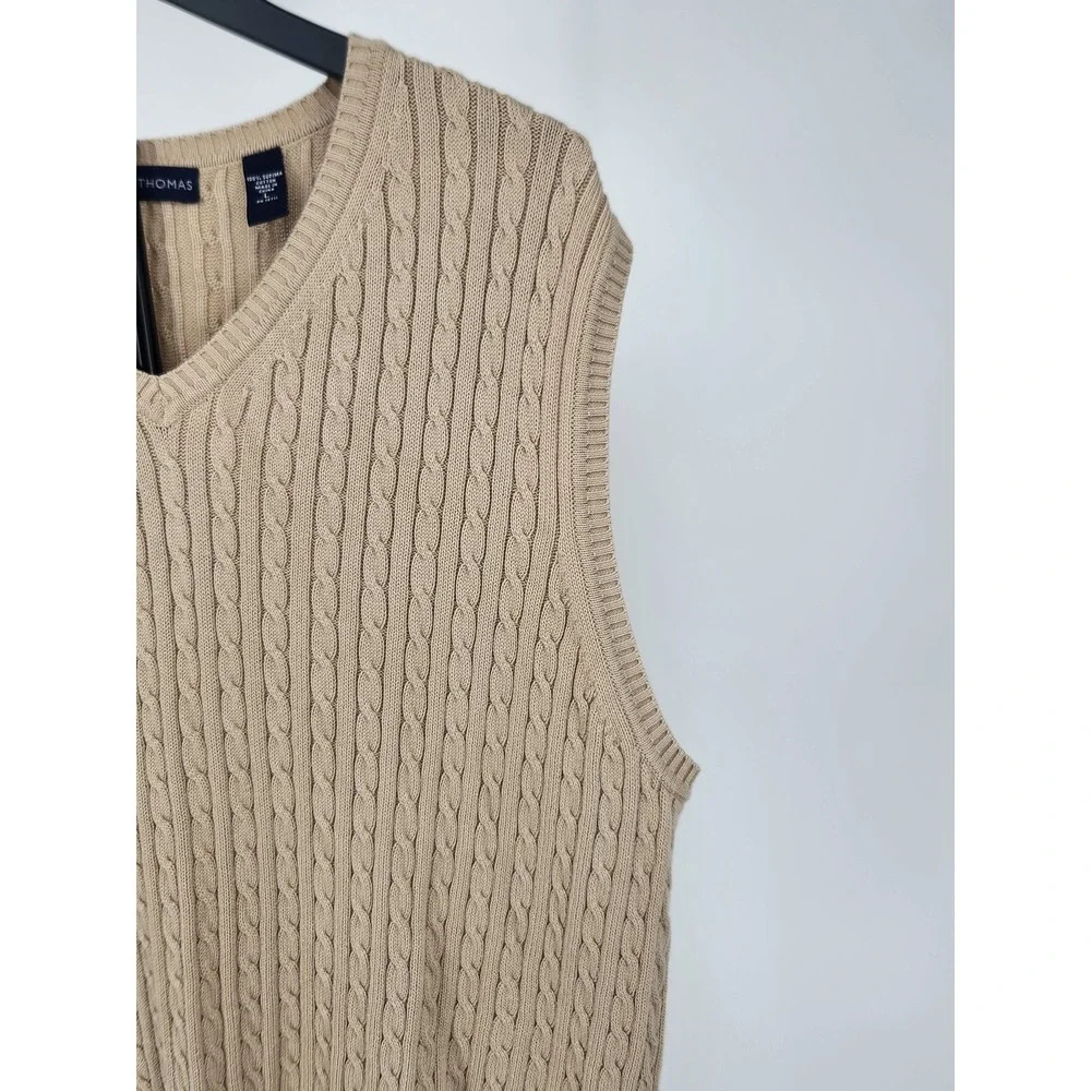 Grant Thomas Mens Tan Beige 100% Supima Cotton Cable Knit V-Neck‎ Sweater Vest L