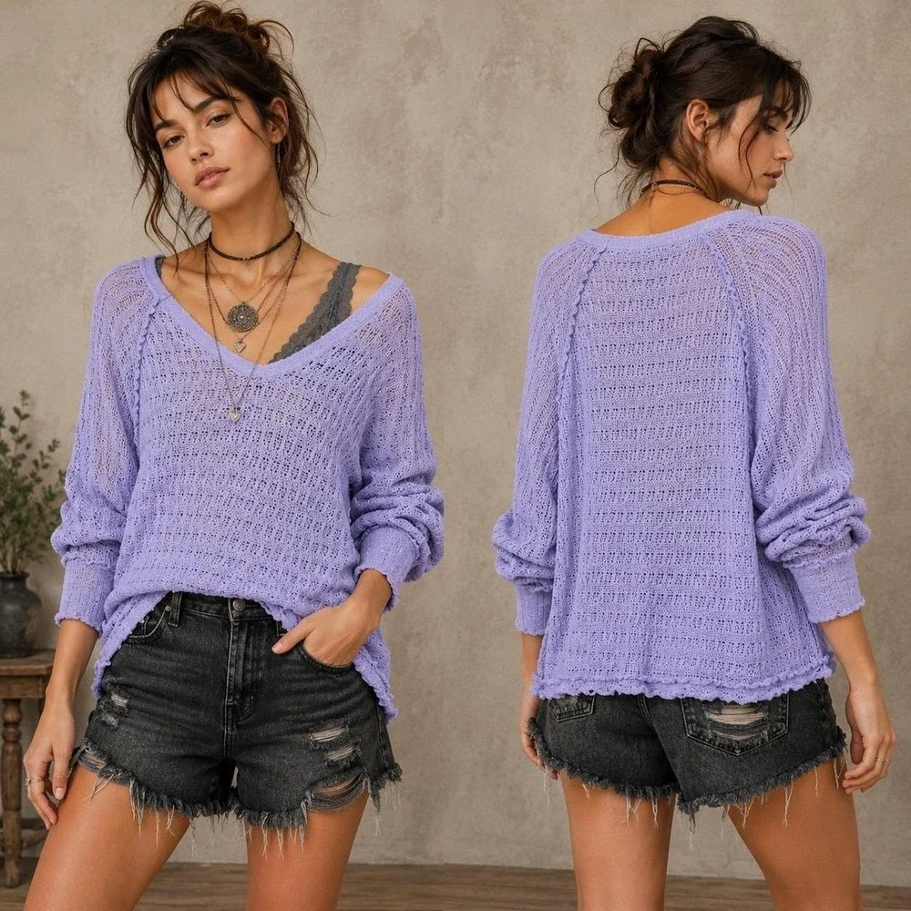 We The Free Sweater Top Womens M Purple Thien's Hacci Open Knit Boho‎ Coastal