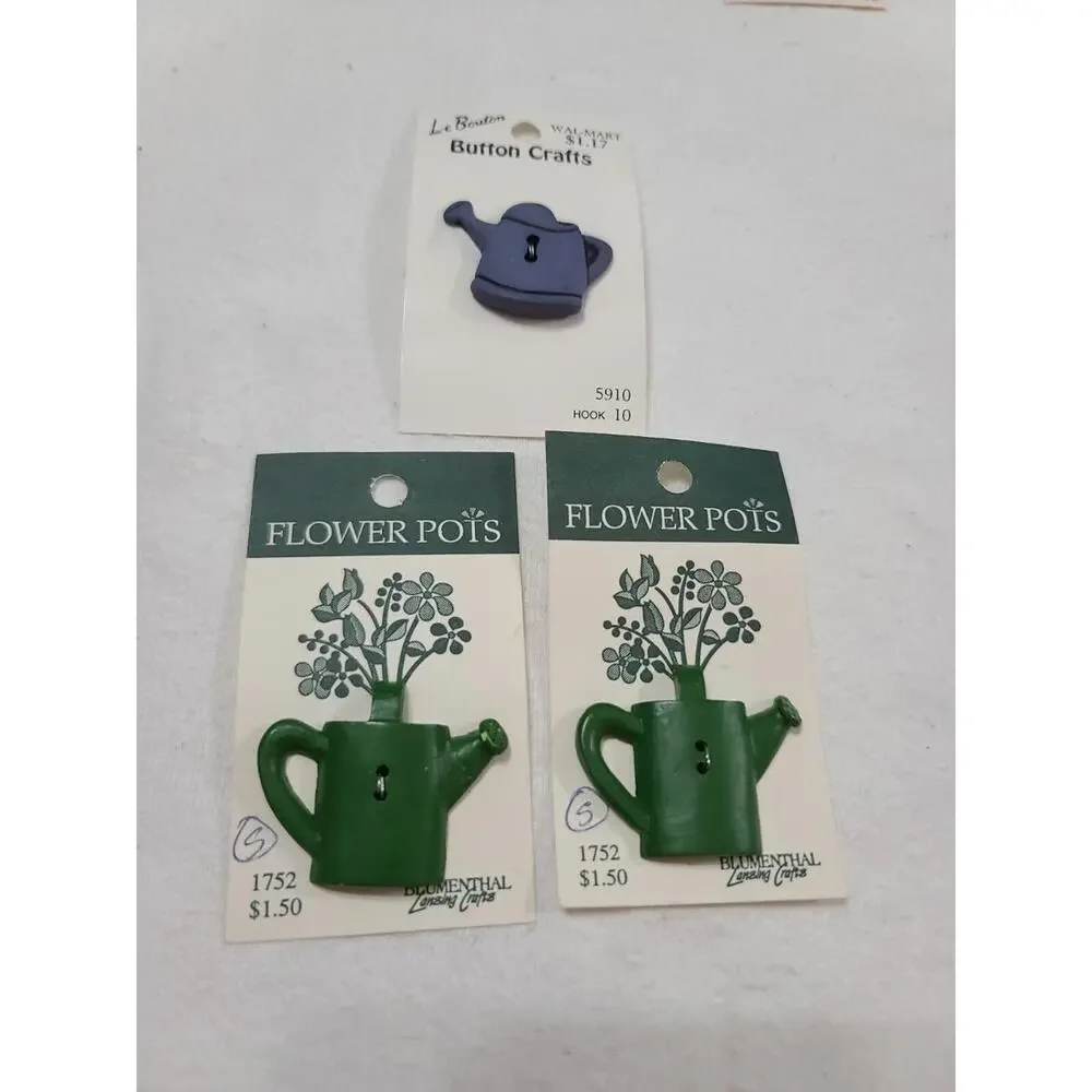VTG Buttons 3 Watering Cans‎ 2 Green/1 Blue Plastic 2-Hole Sewing Crafting NOS