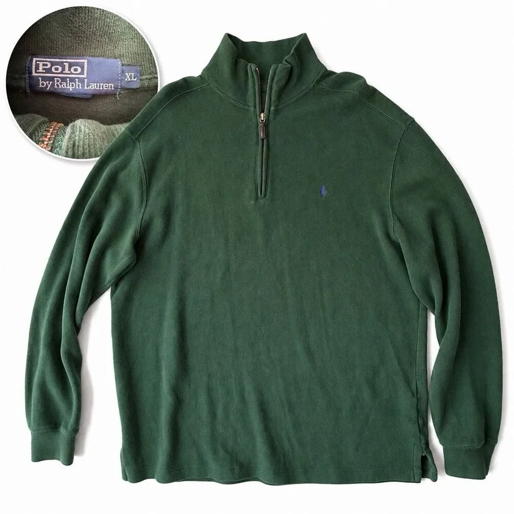 Vintage Polo Ralph Lauren Men XL Green 1/4 Zip Pullover Sweater Pony YKK