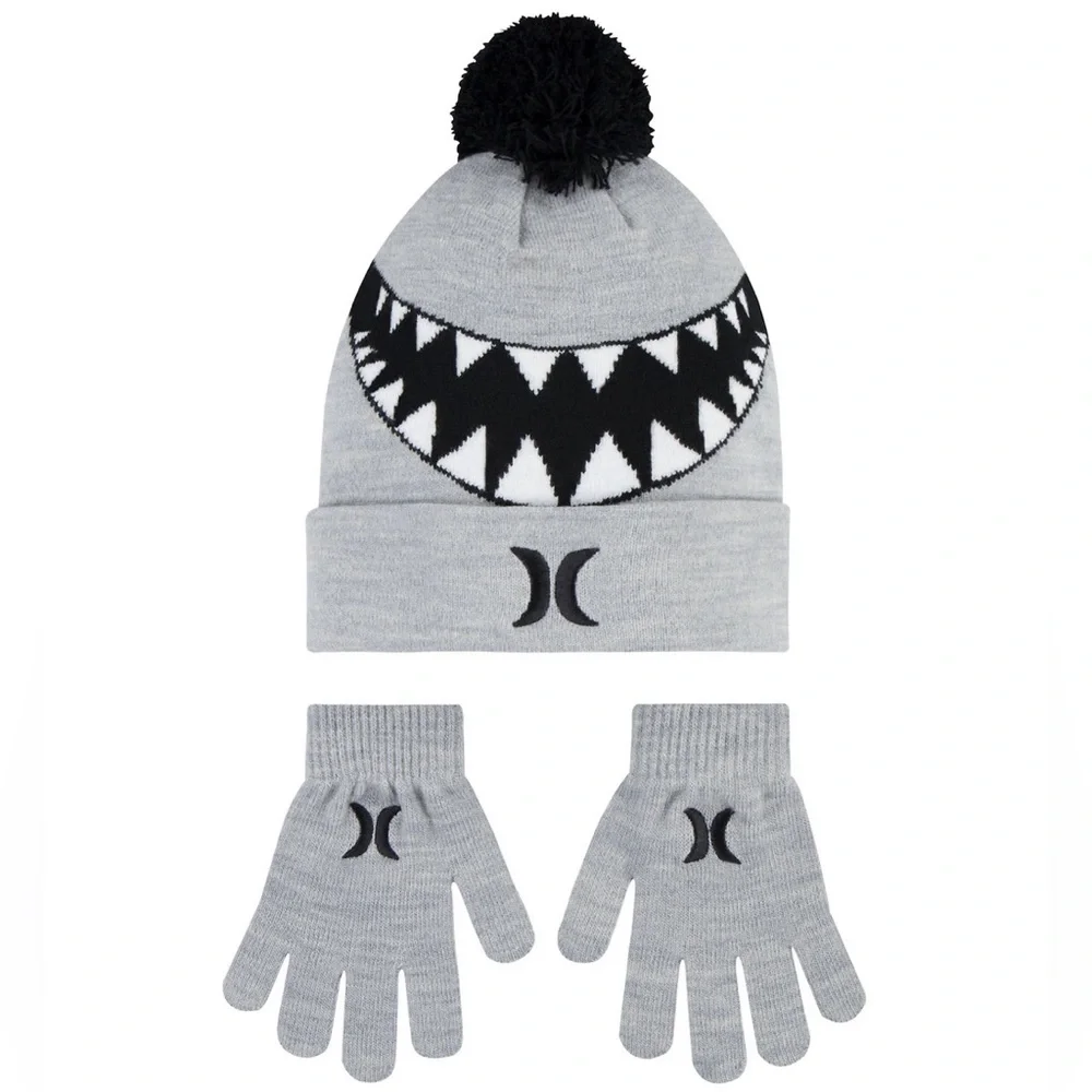 NEW Boys 8-20 Hurley Sharkbait Winter Pom Beanie Hat & Gloves Set, Gray
