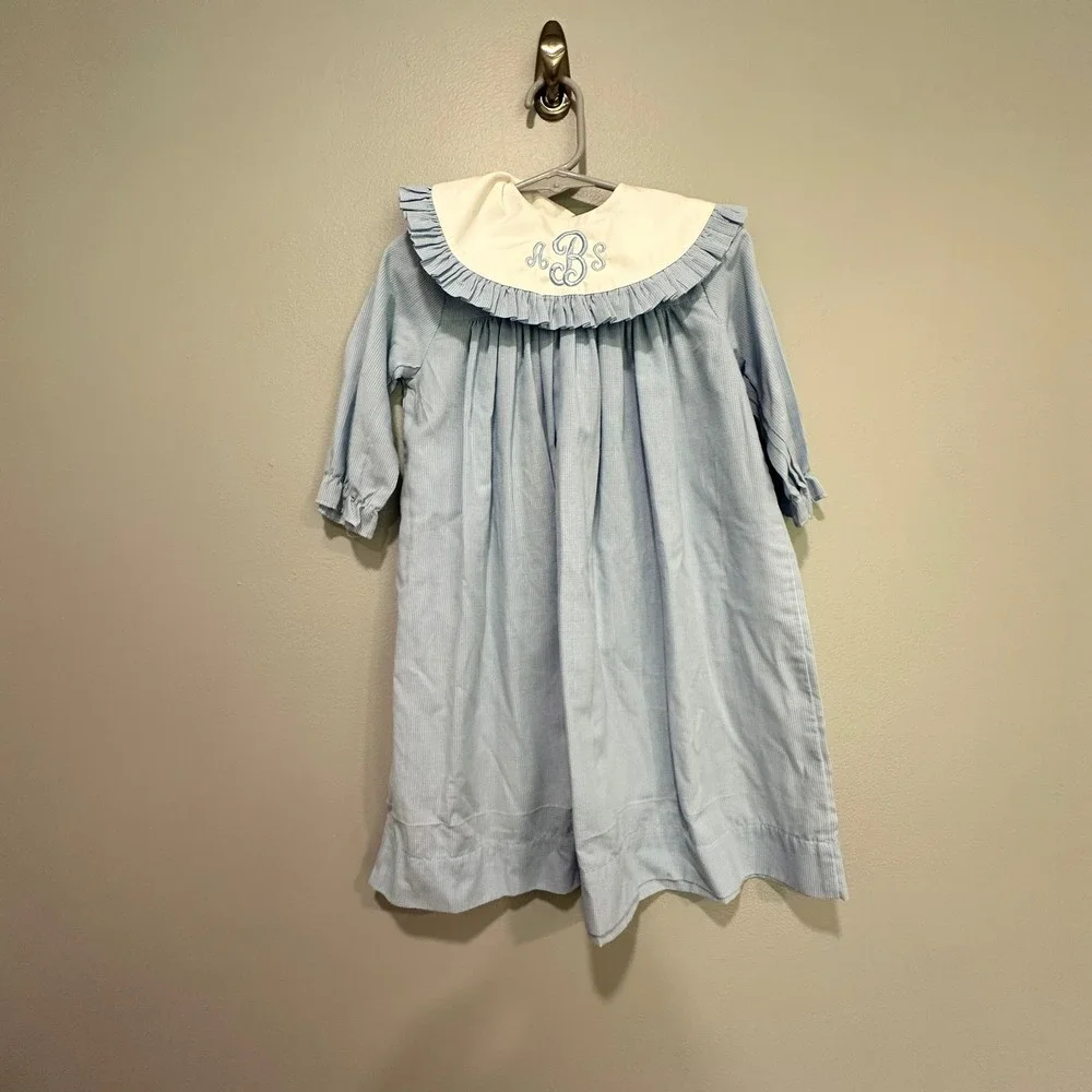 Daisies Doodlebugs Baby Blue Gingham‎ Dress Ruffle Collar Monogrammed 24 Month