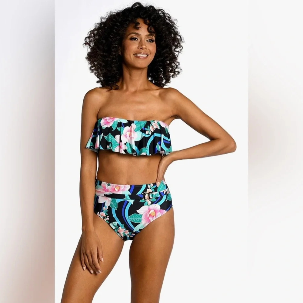 NWT $83 La‎ Blanca Tropical Bandeau Bikini Swim Swimsuit Top 4 XS Black Floral