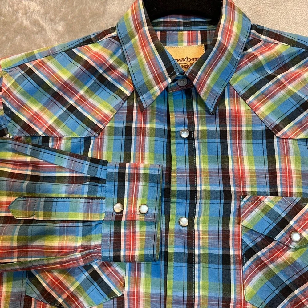 Cowboy Legend Shirt Youth Size XL Plaid‎ Long Sleeve Pearl Snap Western 4H Rodeo
