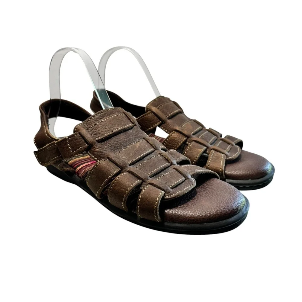 Minnetonka Sandals Shoes Mens Size 11WW Brown Leather Fisherman Hook Loop Casual