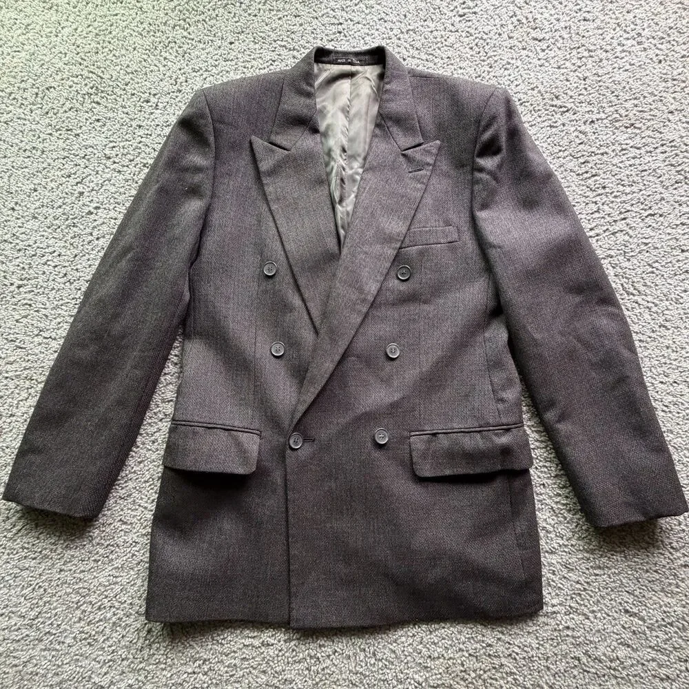 Vintage Mens 37 Wool Blazer Double Breasted Made USA Gray Peak Lapel Suit Jacket