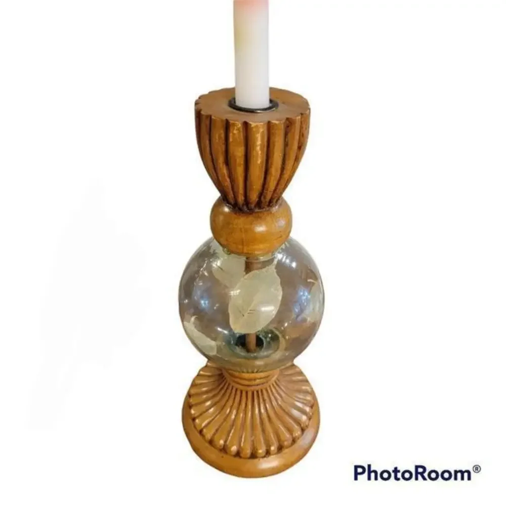 Vintage Wooden and glass‎ candle holder with leaves inside 13 in tall